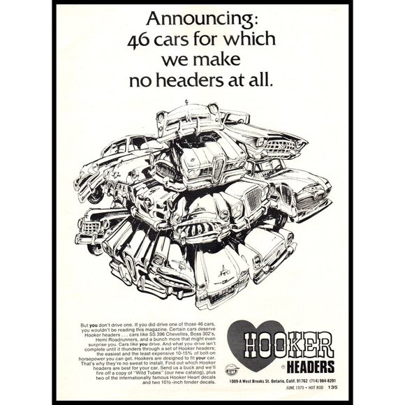 1970 Hooker Headers Performance Parts Vintage Print Ad Cartoon Drawing Wall Art - Picture 1 of 1